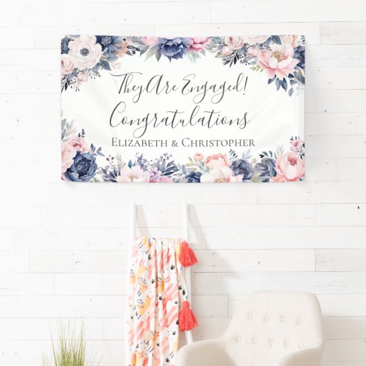 Marineblauw roze bloemig botanisch Verloving banne Spandoek (Insitu)