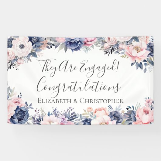 Marineblauw roze bloemig botanisch Verloving banne Spandoek (Horizontaal)