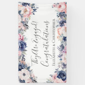 Marineblauw roze bloemig botanisch Verloving banne Spandoek (Verticaal)