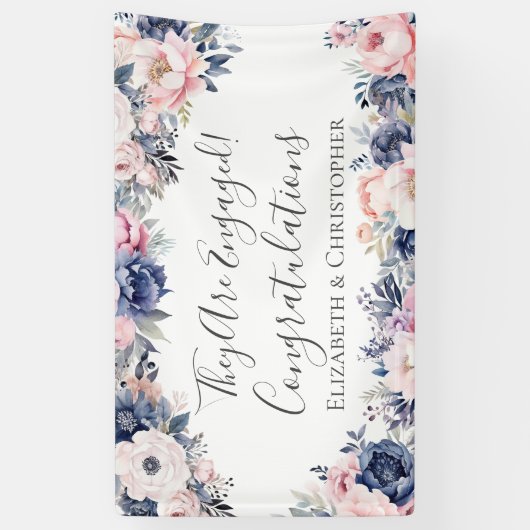 Marineblauw roze bloemig botanisch Verloving banne Spandoek (Verticaal)