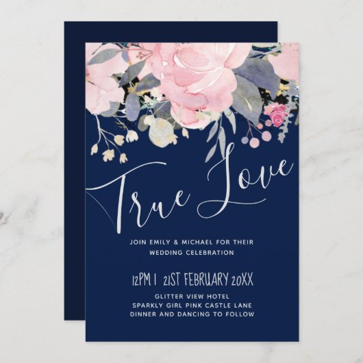 Marineblauw Roze Bloemig Modern Huwelijksbudget (Voorkant / Achterkant)