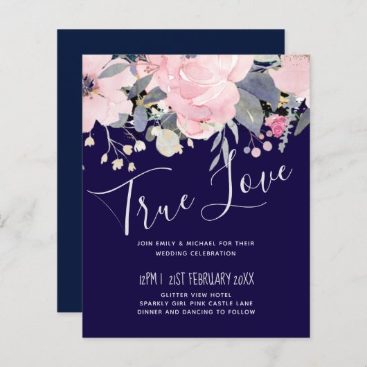 Marineblauw Roze Bloemig Modern Huwelijksbudget (Voorkant / Achterkant)