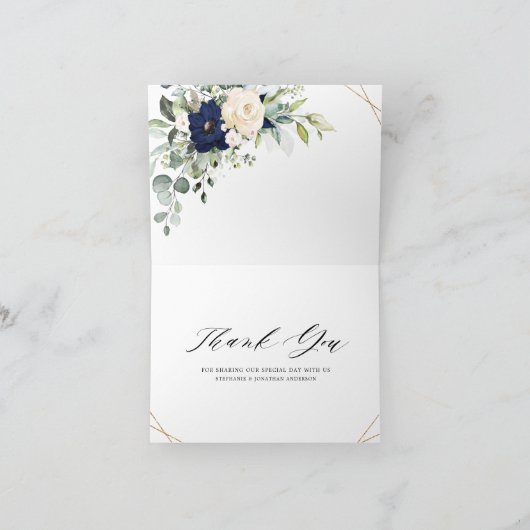 Marineblauw Roze Bloemige Groene Geometrische Trou Bedankkaart (Binnen)