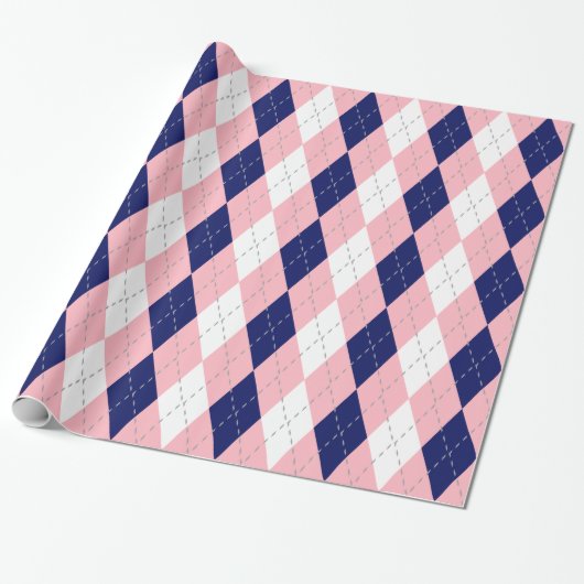 Marineblauw Roze Donkergrijs Wit XL Argyle Cadeaupapier (Uitgerold)