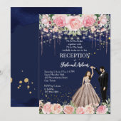 marineblauw roze glitter dansende paren receptie kaart (Voorkant / Achterkant)