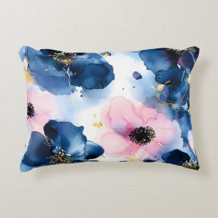 Marineblauw Roze Goud Watercolor Bloemen Accent Kussen