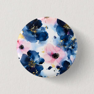 Marineblauw Roze Goud Watercolor Bloemen Ronde Button 3,2 Cm