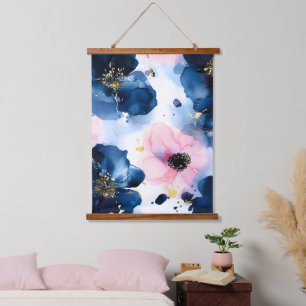 Marineblauw Roze Goud Waterverf Bloemen Hangend Wandkleed