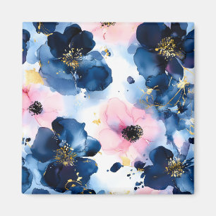 Marineblauw Roze Goud Waterverf Bloemmotief Magneet
