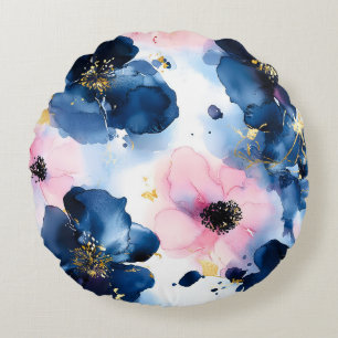 Marineblauw Roze Goud Waterverf Bloemmotief Rond Kussen