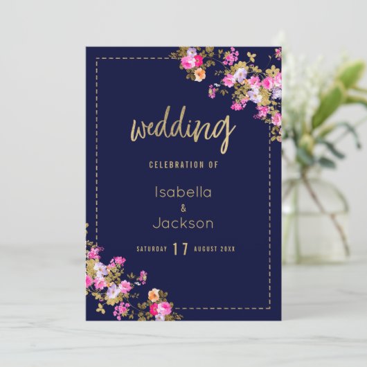 marineblauw roze gouden bloemen menu (Staand voorkant)