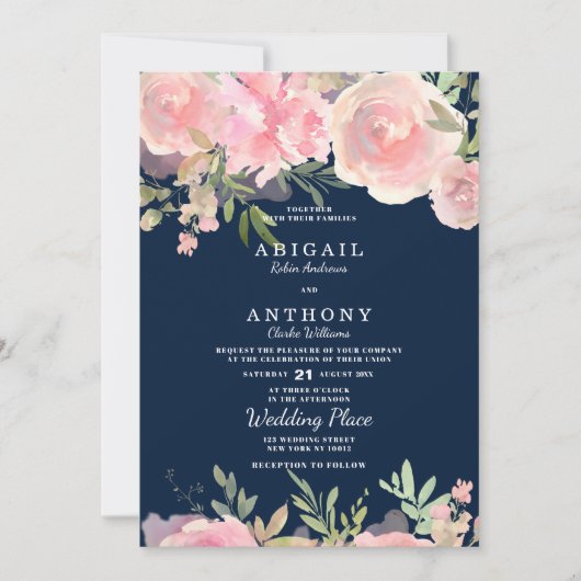 Marineblauw roze koraal groen rozen bloemenbruilof kaart (Voorkant)
