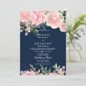 Marineblauw roze koraal groen rozen bloemenbruilof kaart (Staand voorkant)