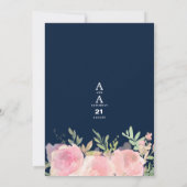 Marineblauw roze koraal groen rozen bloemenbruilof kaart (Achterkant)