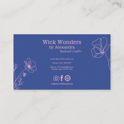 Marineblauw roze minimalistische kaars maken visitekaartje (Achterkant)