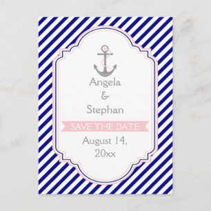 Marineblauw, roze nautische bruiloft Save the Date Aankondigingskaart