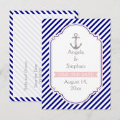 Marineblauw, roze nautische bruiloft Save the Date Aankondigingskaart (Voorkant / Achterkant)