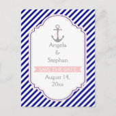 Marineblauw, roze nautische bruiloft Save the Date Aankondigingskaart (Voorkant)