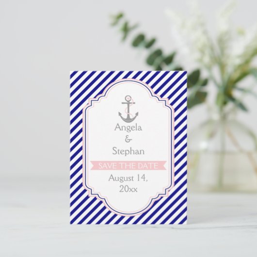 Marineblauw, roze nautische bruiloft Save the Date Aankondigingskaart (Staand voorkant)