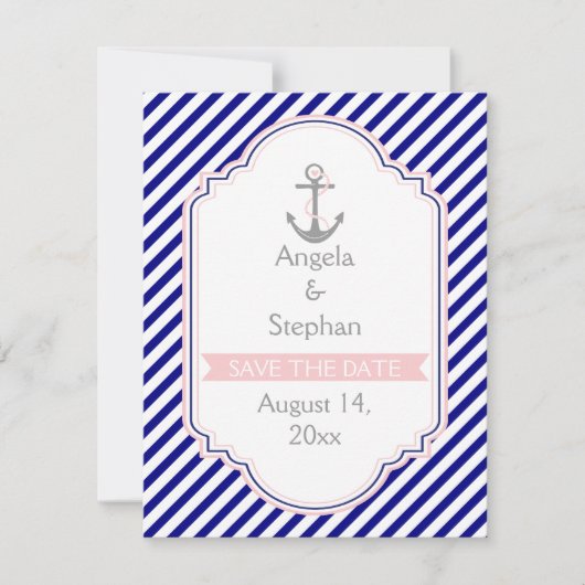 Marineblauw, roze nautische bruiloft Save the Date Kaart (Voorkant)