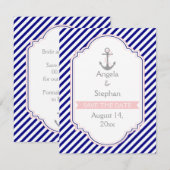 Marineblauw, roze nautische bruiloft Save the Date Kaart (Voorkant / Achterkant)