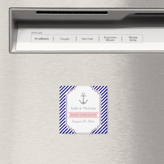 Marineblauw, roze nautische bruiloft Save the Date Magneet (Insitu (Vaatwasser))