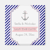 Marineblauw, roze nautische bruiloft Save the Date Magneet (Voorkant)