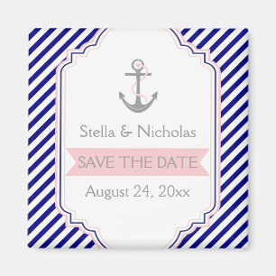 Marineblauw, roze nautische bruiloft Save the Date Magneet