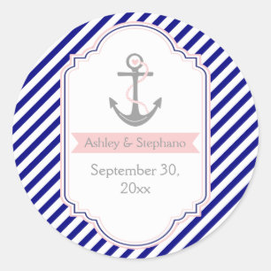 Marineblauw, roze nautische bruiloft Save the Date Ronde Sticker