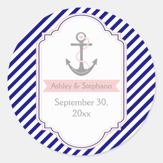 Marineblauw, roze nautische bruiloft Save the Date Ronde Sticker (Voorkant)