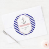 Marineblauw, roze nautische bruiloft Save the Date Ronde Sticker (Envelop)