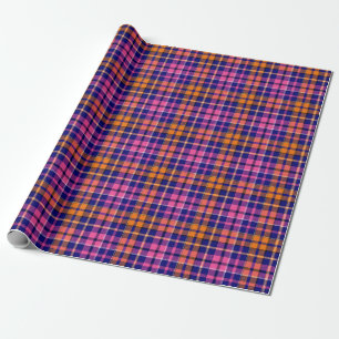 Marineblauw Roze Oranje Geruite Tartan Design Cadeaupapier