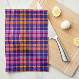Marineblauw Roze Oranje Geruite Tartan Design  Theedoek