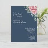 Marineblauw Roze Pioen Gouden Frame Bruidsdouche Kaart (Staand voorkant)