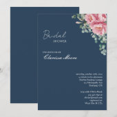 Marineblauw Roze Pioen Gouden Frame Bruidsdouche Kaart (Voorkant / Achterkant)