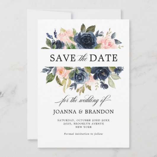 Marineblauw Roze Roos Boho Bruiloft Save The Date (Voorkant)