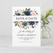 Marineblauw Roze Roos Boho Bruiloft Save The Date (Staand voorkant)