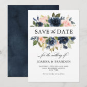 Marineblauw Roze Roos Boho Bruiloft Save The Date (Voorkant / Achterkant)