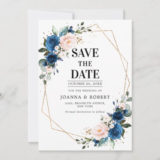 Marineblauw Roze Roos Boho Trouwen Save The Date (Voorkant)