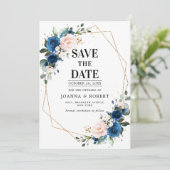 Marineblauw Roze Roos Boho Trouwen Save The Date (Staand voorkant)