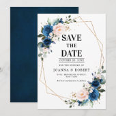 Marineblauw Roze Roos Boho Trouwen Save The Date (Voorkant / Achterkant)
