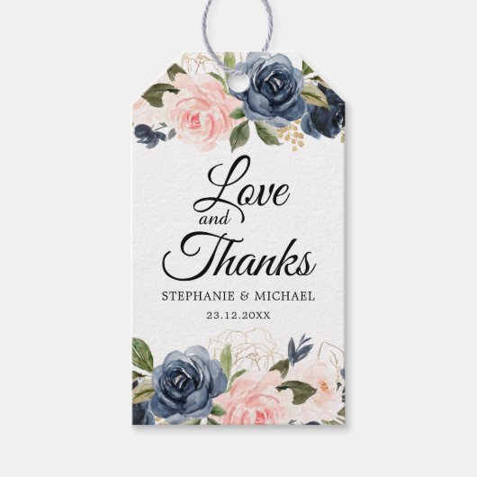 Marineblauw Roze Roos Botanisch Cadeaulabel (Voorkant)