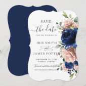 Marineblauw Roze Roosgoud Bloem Bruiloft Save The Date (Voorkant / Achterkant)