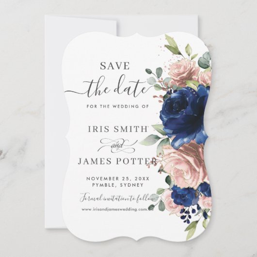 Marineblauw Roze Roosgoud Bloem Bruiloft Save The Date (Voorkant)
