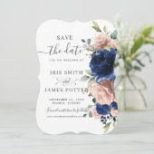 Marineblauw Roze Roosgoud Bloem Bruiloft Save The Date (Staand voorkant)
