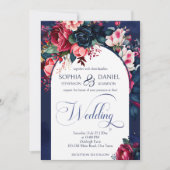 Marineblauw roze  rozen bruiloft moderne boog kaart (Voorkant)