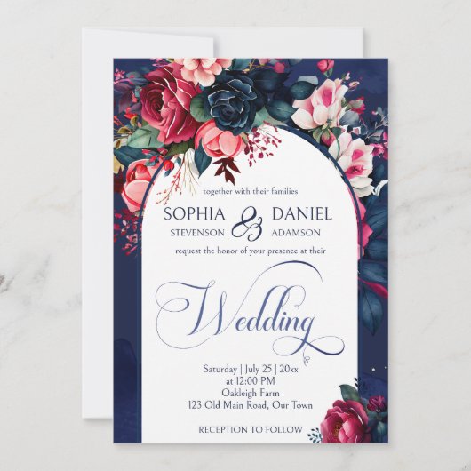 Marineblauw roze  rozen bruiloft moderne boog kaart (Voorkant)