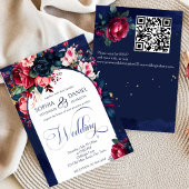 Marineblauw roze rozen bruiloft moderne boog kaart