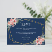 Marineblauw & Roze Stoffig Roos Bloemen Bruiloft O RSVP Kaartje (Staand voorkant)
