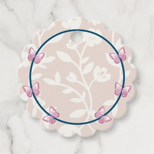 marineblauw roze vlinder flora bedankjes labels (Voorkant)